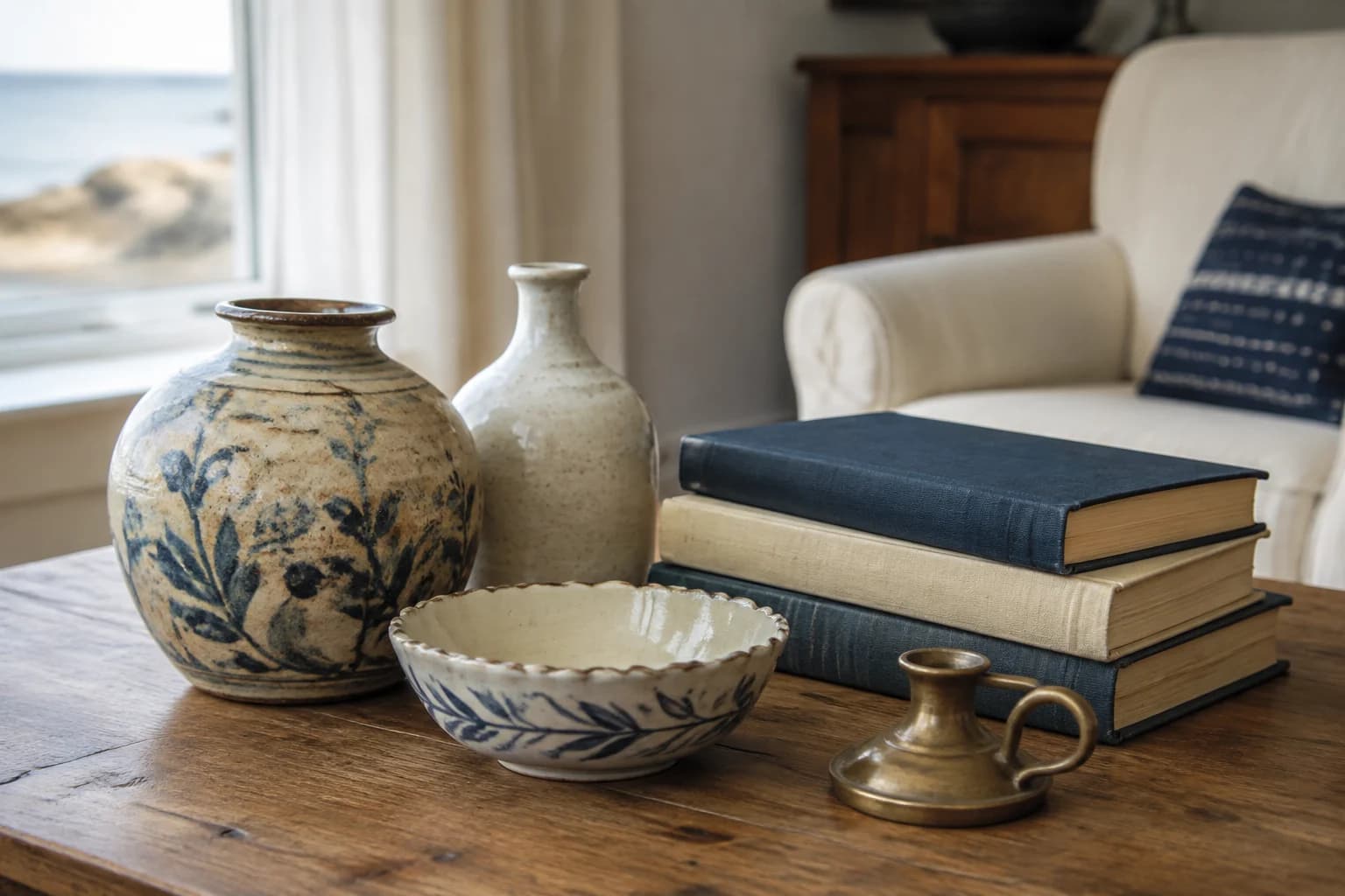 Illustrative arrangement of well-loved ceramics, books and brass objects on a wooden table