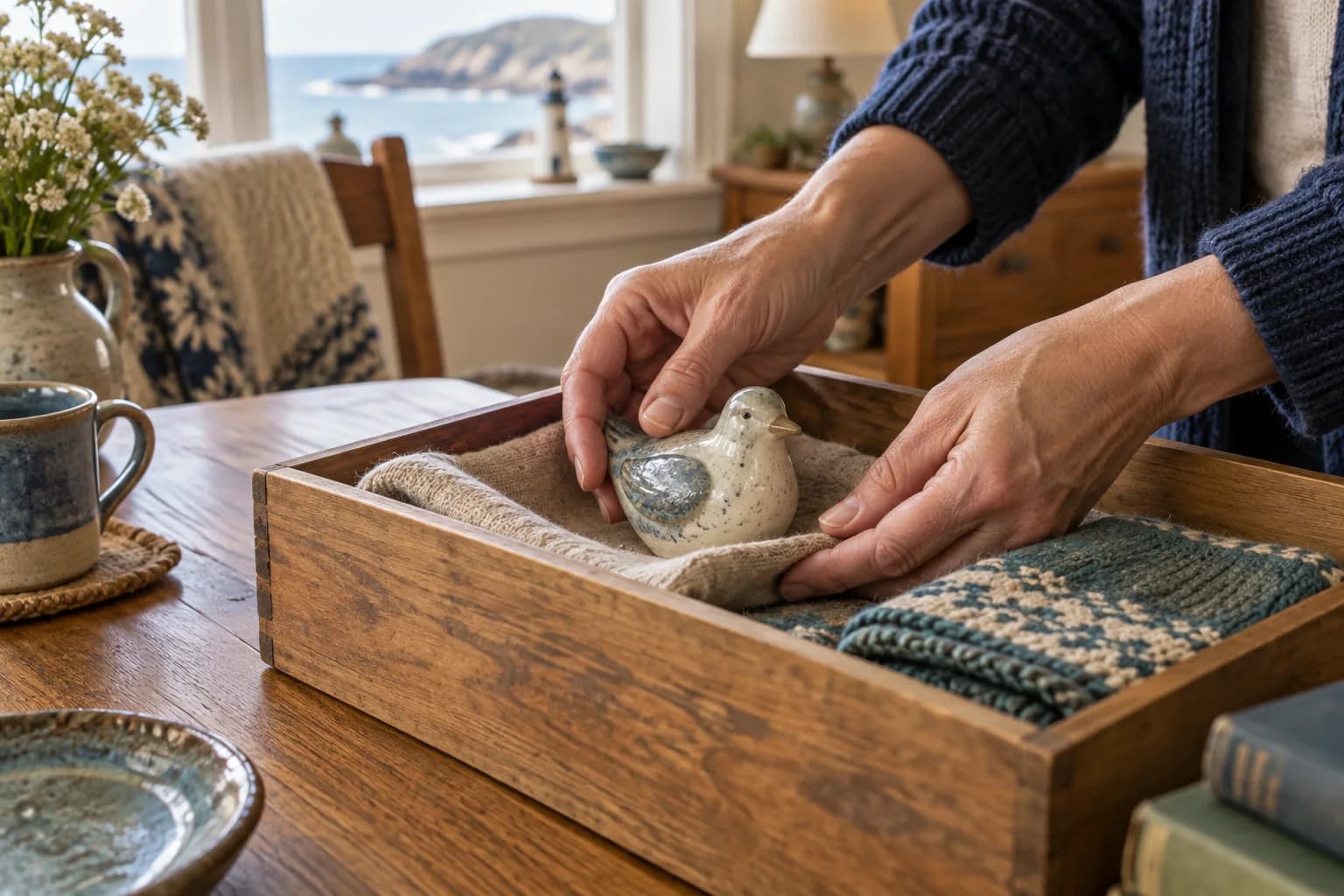 Hands setting a small ceramic keepsake into a linen-lined wooden box