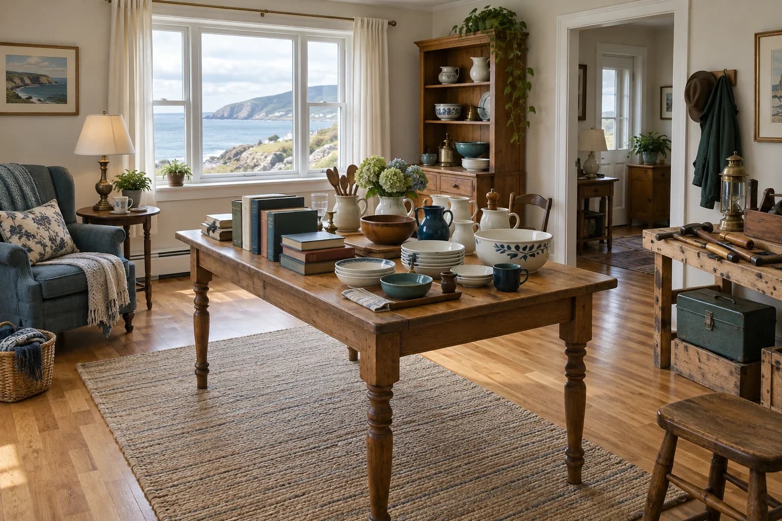 Everyday furniture, kitchenware, books and tools thoughtfully arranged in a sunlit room