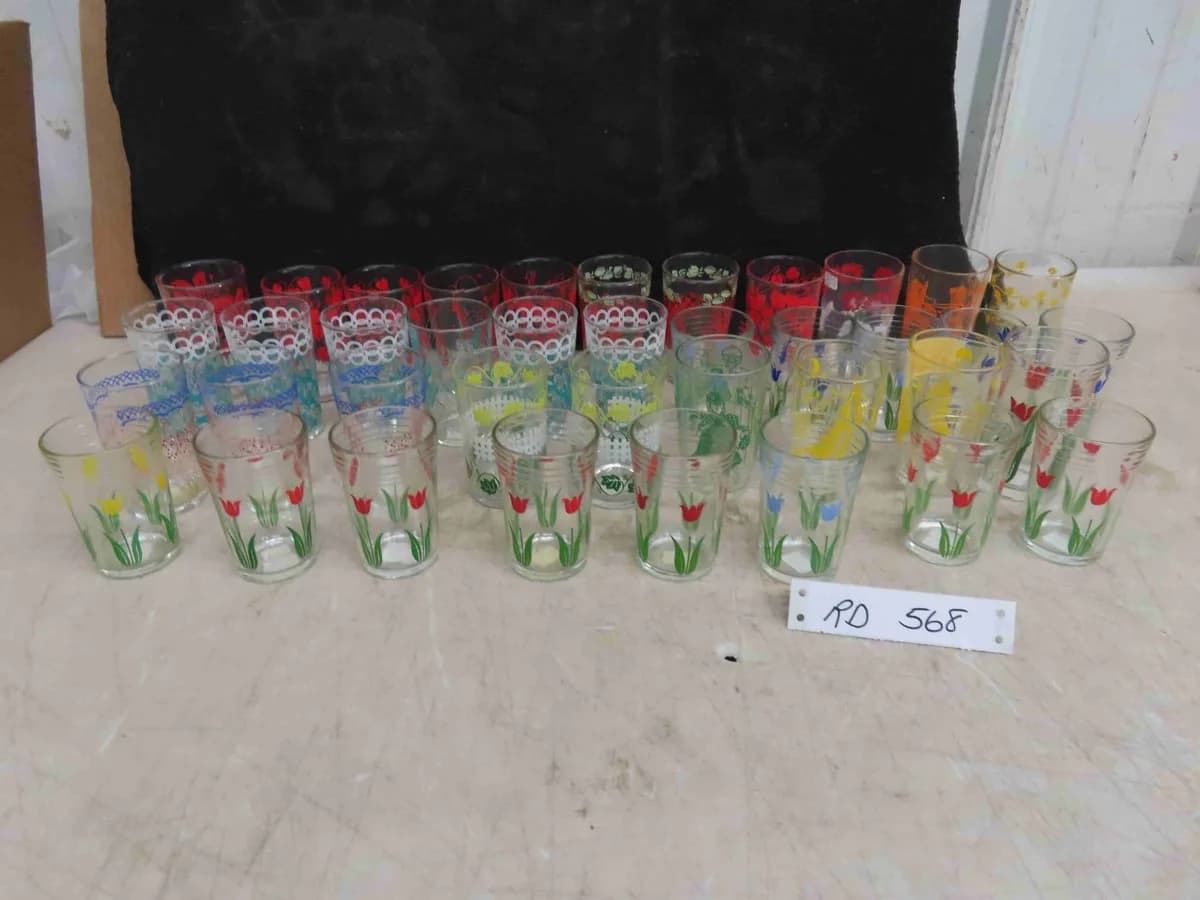 Collection of colourful floral vintage juice glasses