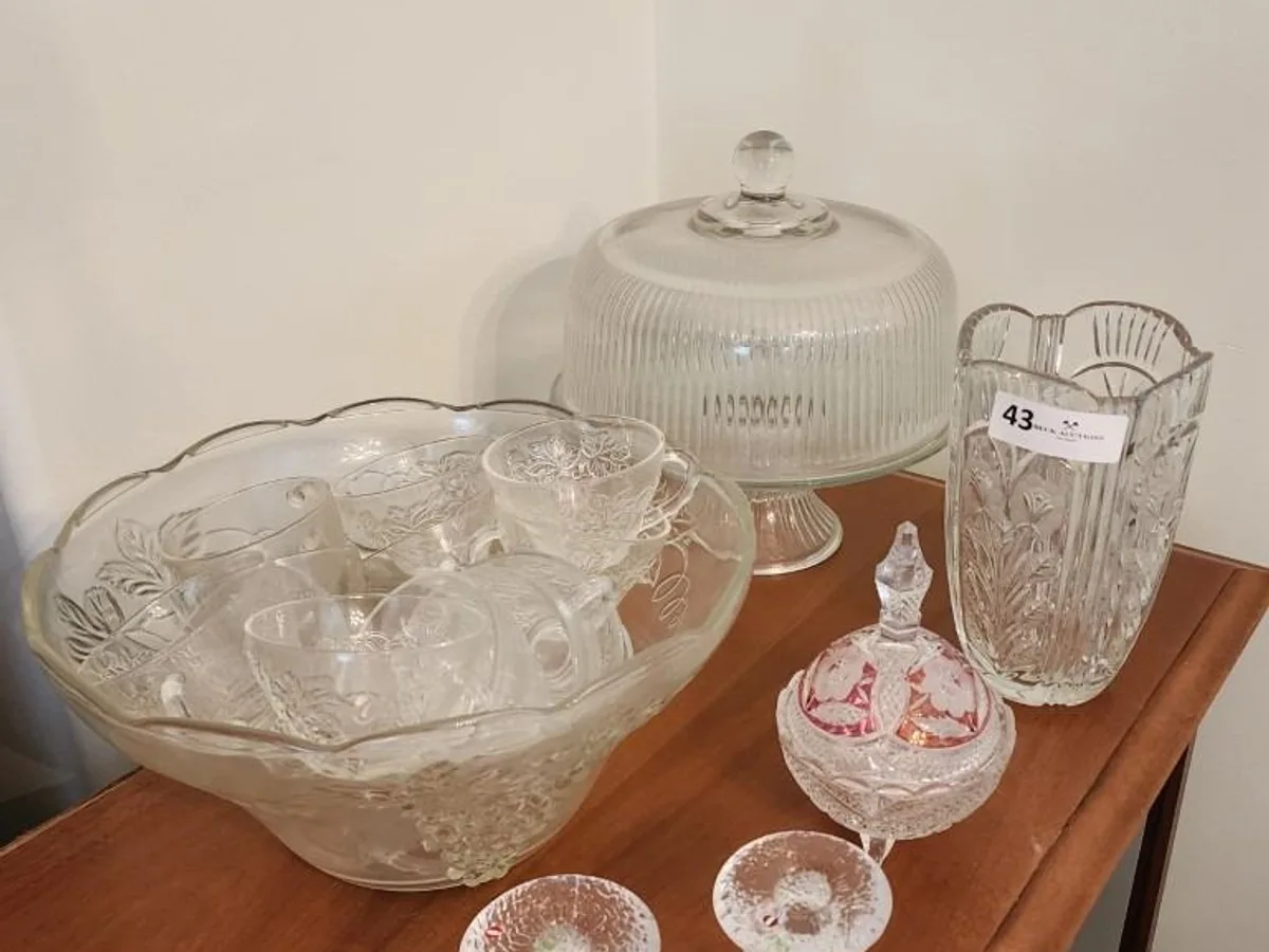 Pressed-glass punch bowl, cups and serving pieces
