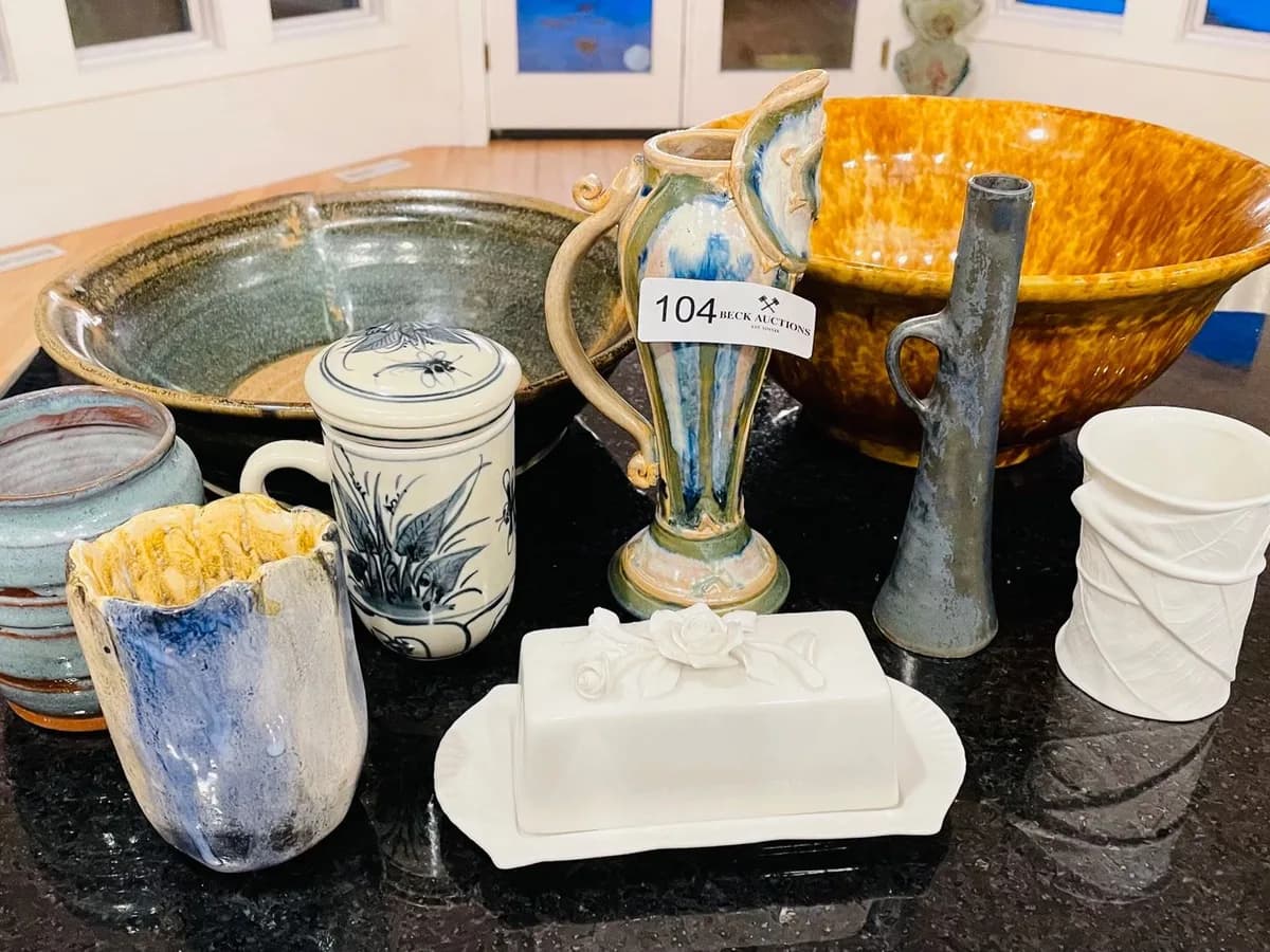 Signed studio pottery in varied glazes and forms