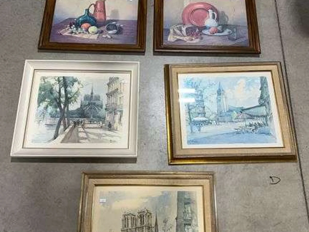 Six framed landscape and still-life prints