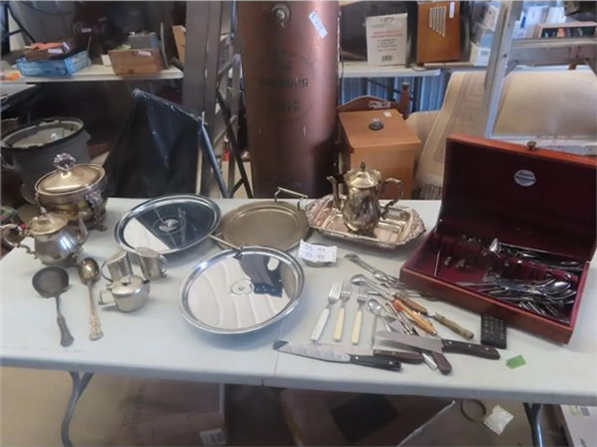 Silver tea service, trays and boxed flatware