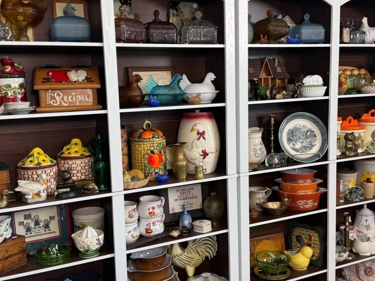Shelves of vintage kitchenware and household collectibles